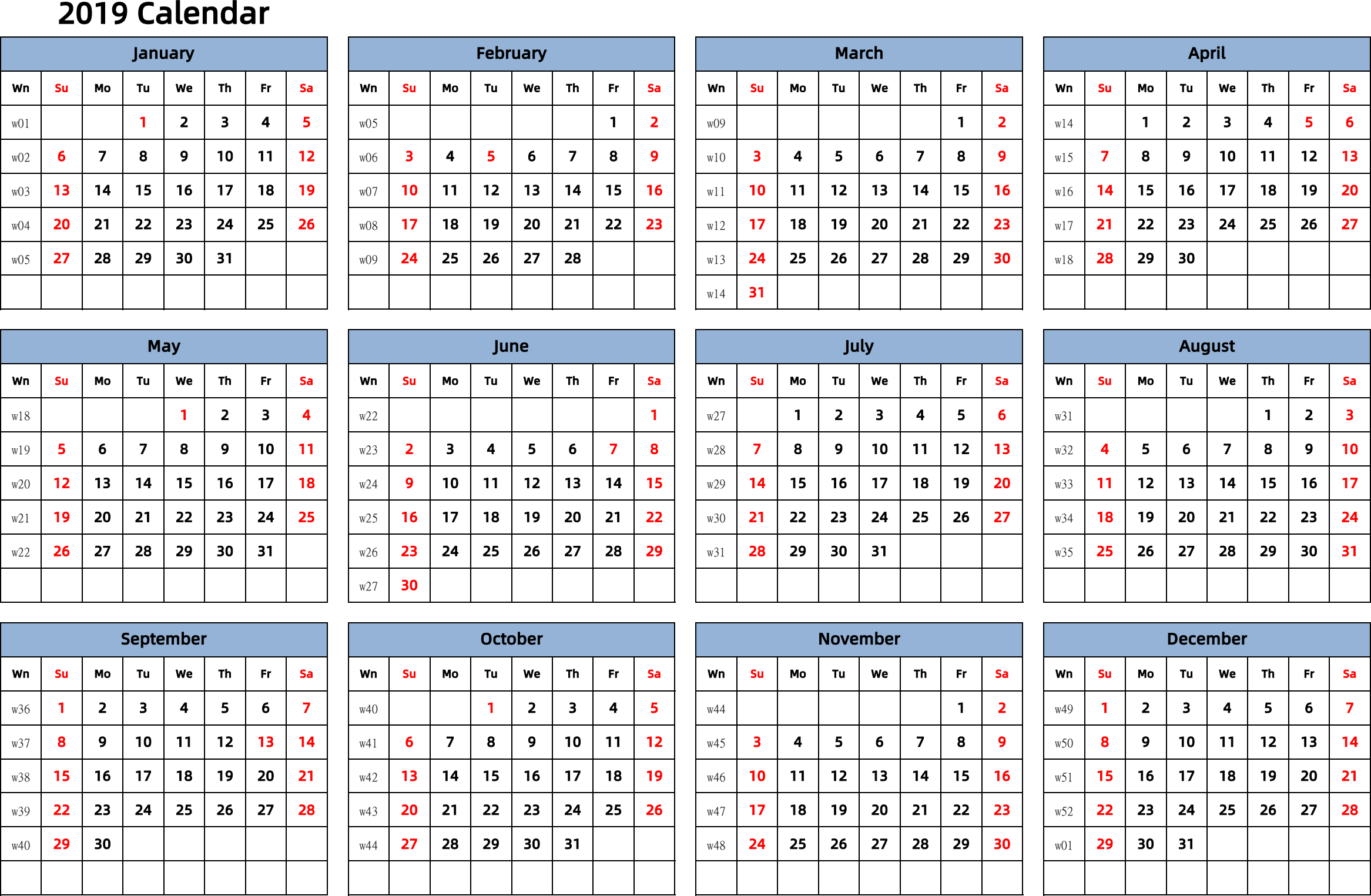 日历表2019年日历 英文版 横向排版 周日开始 带周数 带节假日调休安排